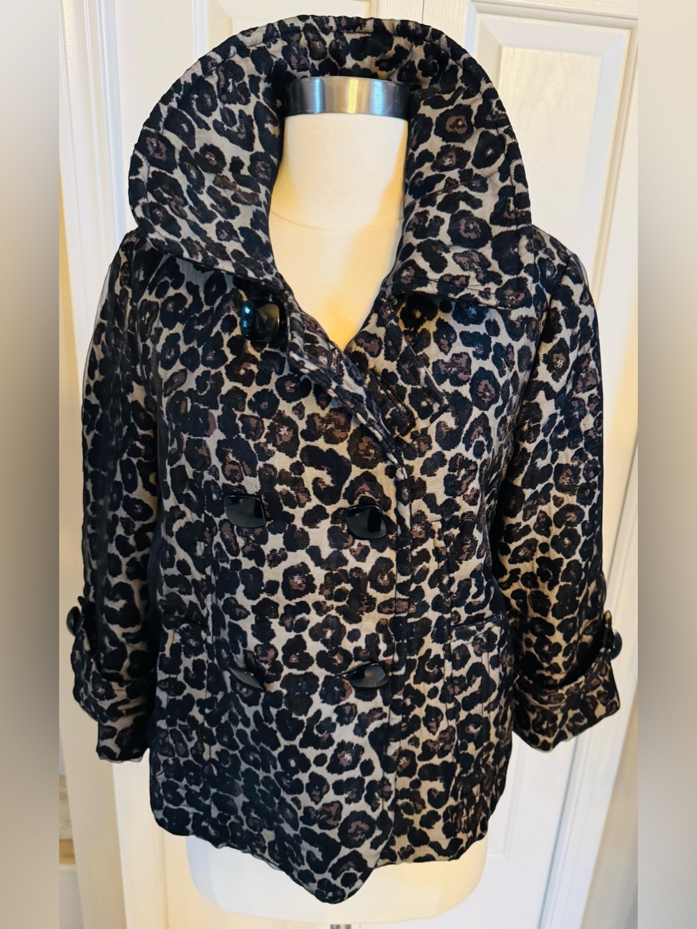 Clara Sun Woo Leopard Print Double-Breasted Pea Coat - Black & Tan